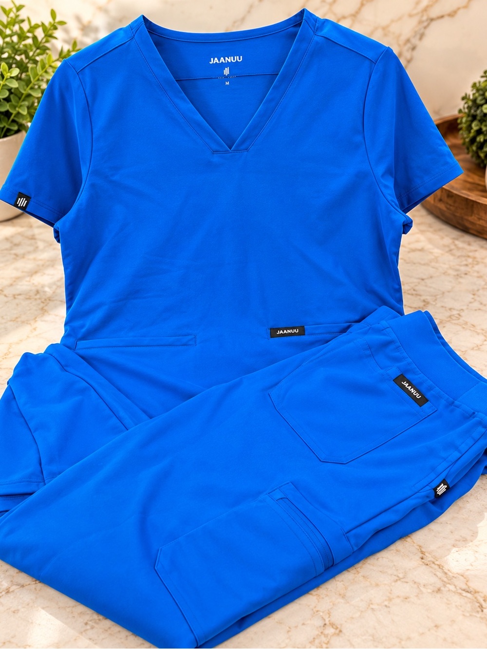 Jaanuu Women's V-Neck Scrub Set in Royal Blue Medium